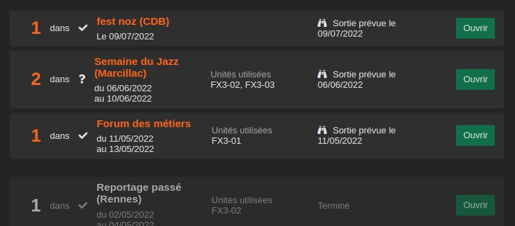 Capture d'écran de la page des périodes de réservation d'un matériel