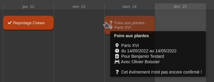 Capture d'écran du calendrier principal
