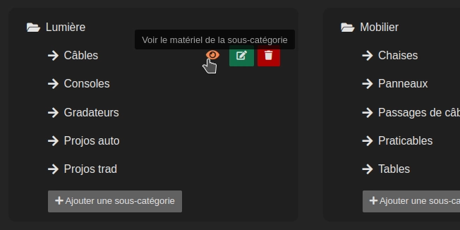 Capture d'écran de la liste des catégories de matériel