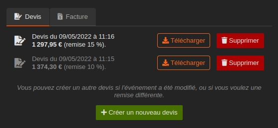 Capture d'écran de la partie « devis » d'un événement