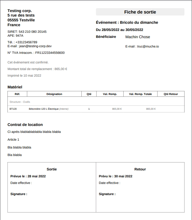 Capture d'écran d'une fiche de sortie d'une bétonnière