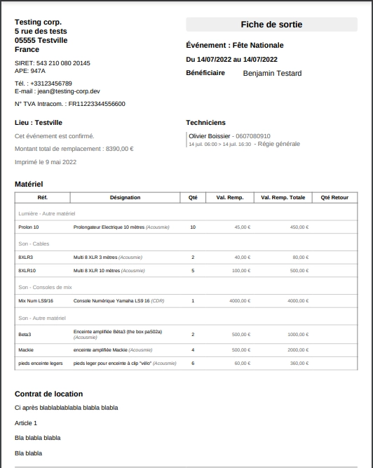 Capture d'écran d'une fiche de sortie d'un événement