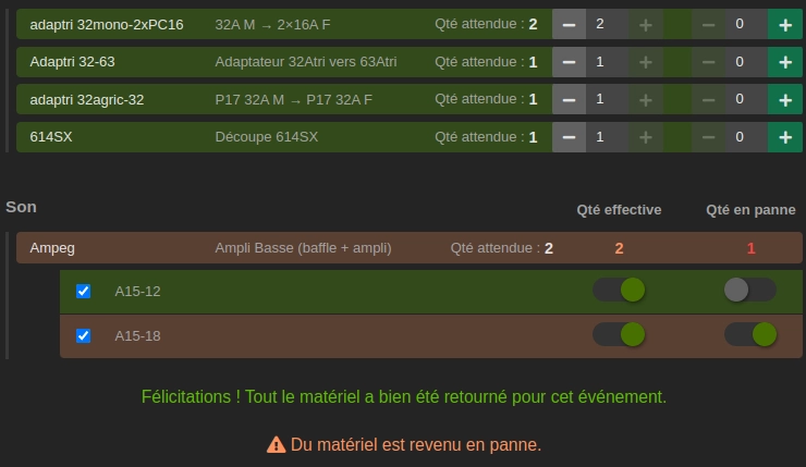 Capture d'écran d'un inventaire de retour