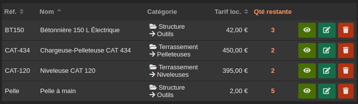 Capture d'écran de la liste du matériel restant