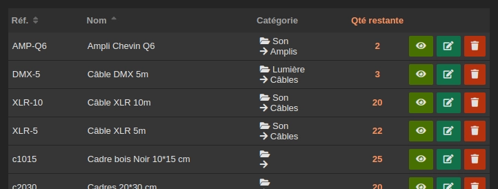 Capture d'écran de la liste du matériel