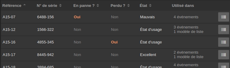 Capture d'écran de la liste des unités d'un matériel