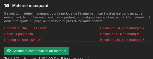 Capture d'écran de la liste du matériel manquant d'un événement