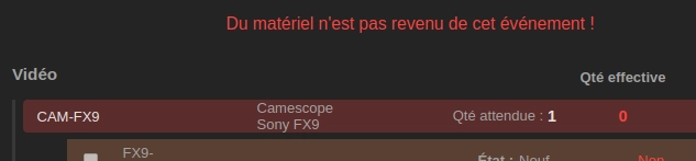 Capture d'écran d'un inventaire de retour