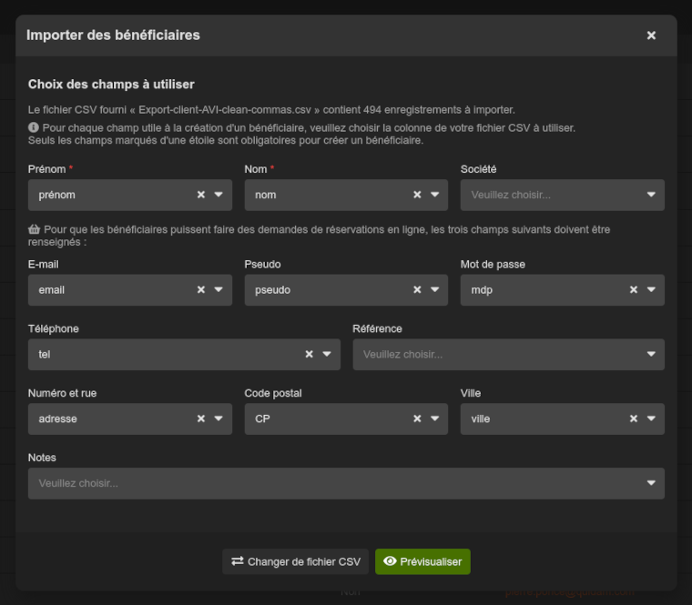 Étape de choix des champs à utiliser pour importer des bénéficiaires