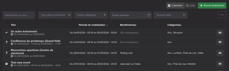 La vue en liste des événements et réservations.