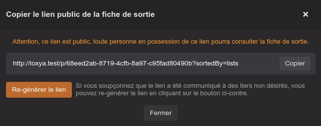 Boutons de copie du permalink des fiches de sortie.