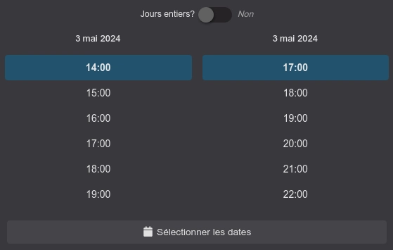 Le choix des heures à l'étape 1 de l'édition d'un événement.