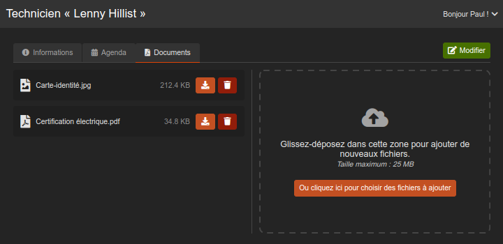 Documents dans la fiche d'un technicien