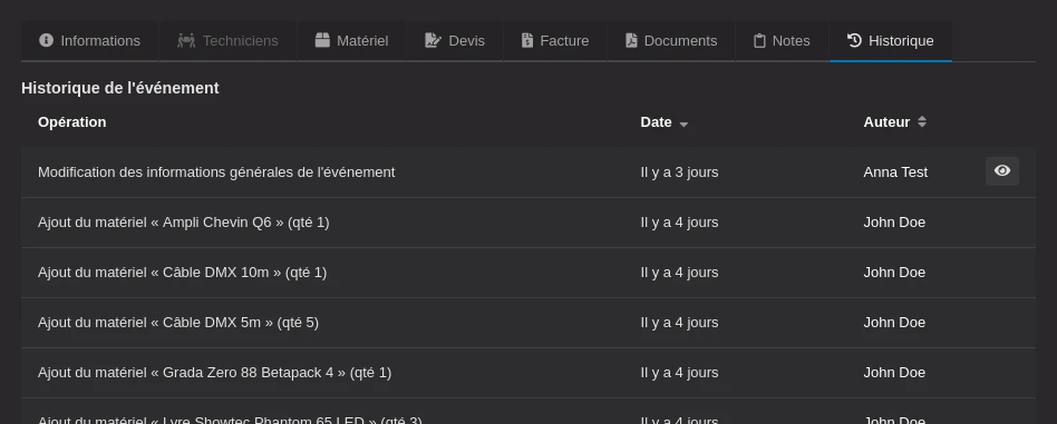 L'onglet d'historique d'un événement.