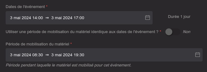 Les champs des périodes à l'étape 1 de l'édition d'un événement.