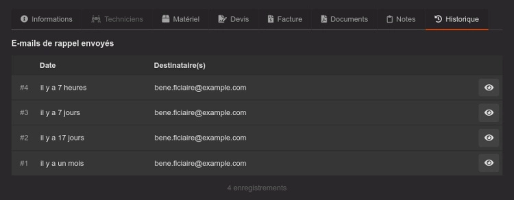 Liste des e-mails de rappel envoyés pour un événement.
