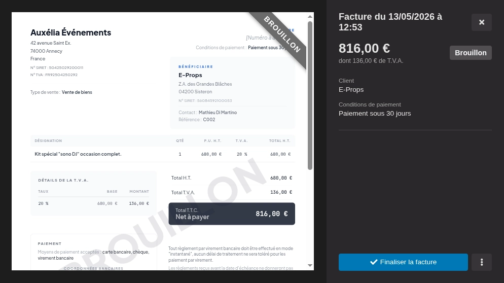 Un brouillon de facture, en attente de finalisation