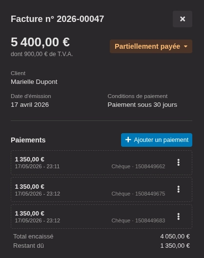 La liste des paiements associés à une facture