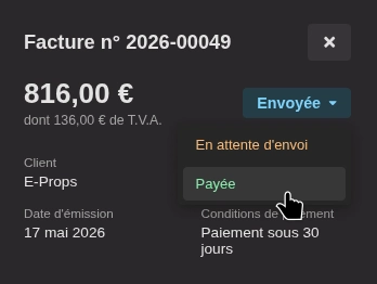 Choix du statut depuis la fenêtre de détail d'une facture