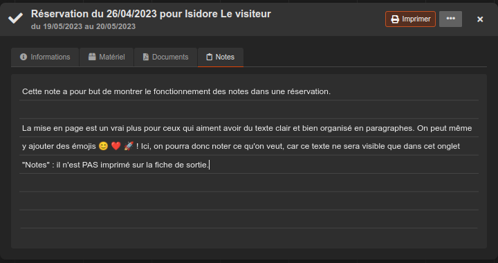 Notes dans une réservation