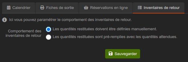 Paramètres des inventaires de retour