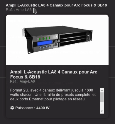 Détail d'un matériel au survol dans la liste.