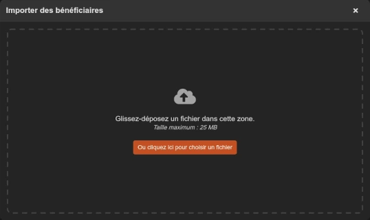 Fenêtre d'import des bénéficiaires depuis un fichier CSV