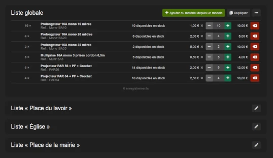 Listes multiples des événements