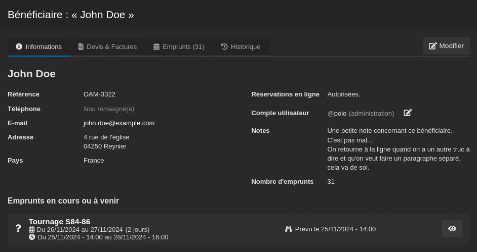 La page d'un bénéficiaire, onglet « Informations ».
