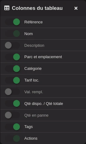 Le choix des colonnes d'un listing.