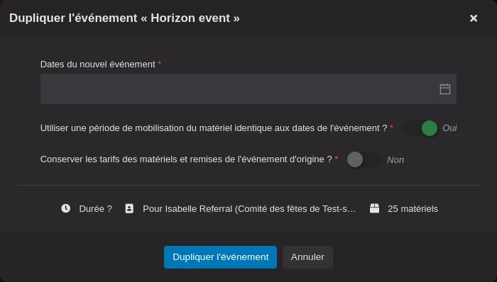 Fenêtre de duplication d'un événement.