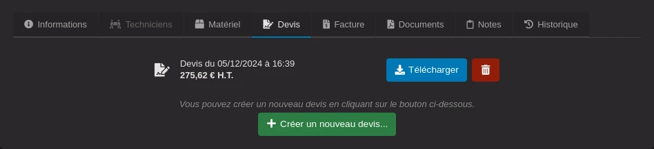 Contenu de l'onglet Devis d'un événement.