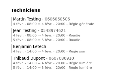 La liste des techniciens sur la fiche de sortie d'un événement.
