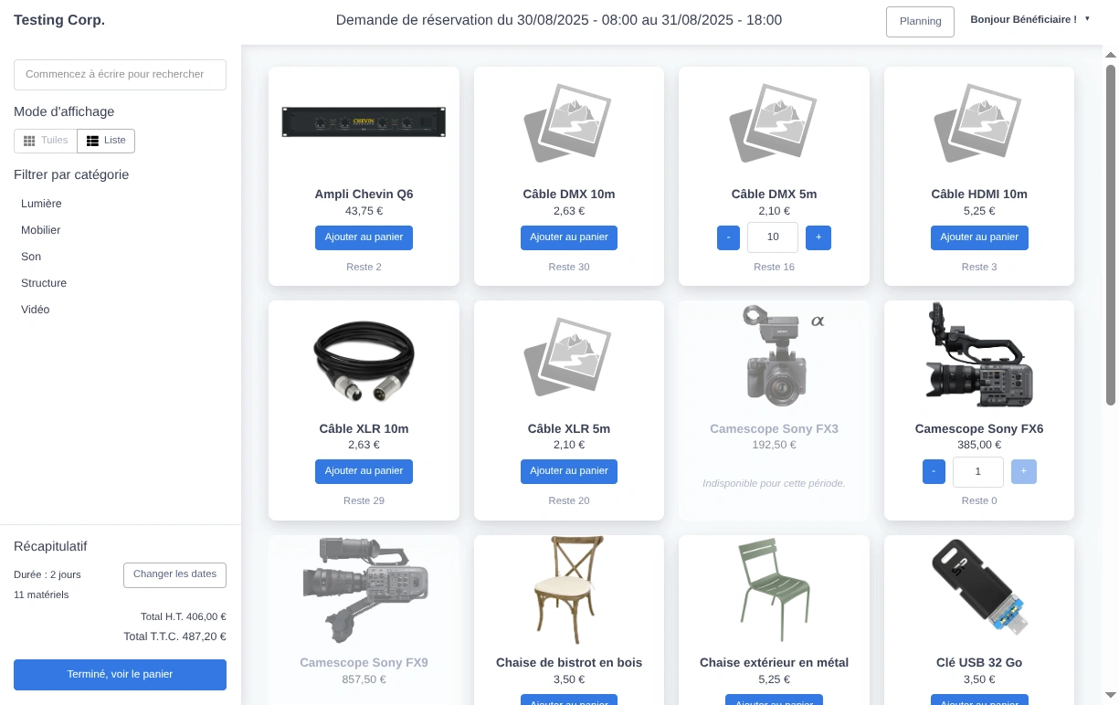 La page de choix du matériel de réservation en ligne.