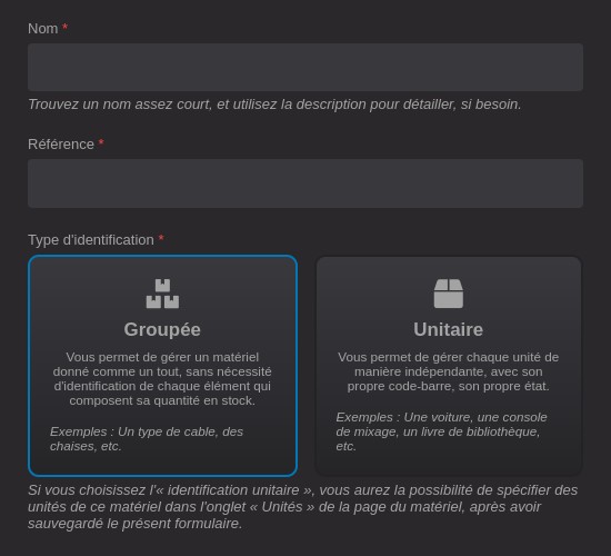 Le formulaire de création de matériel dans Loxya.