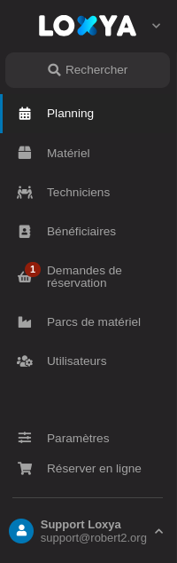 Les trois menus de l'interface de Loxya.