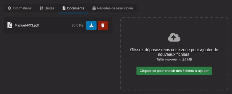 Contenu de l'onglet « documents » de la page d'une fiche de matériel.