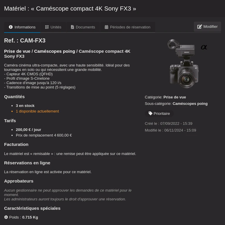 Contenu de l'onglet « informations » de la page d'une fiche de matériel.