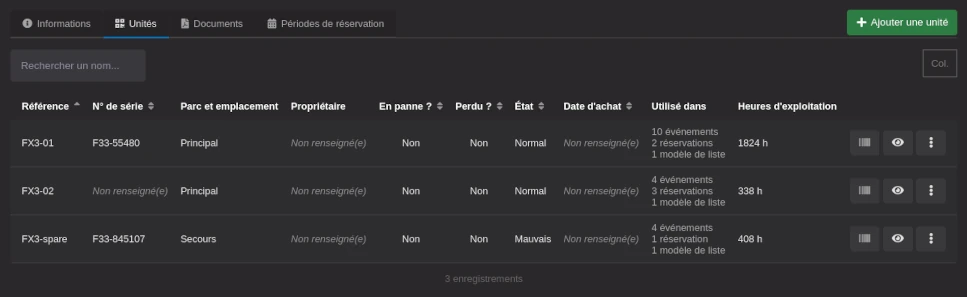 Contenu de l'onglet « unités » de la page d'une fiche de matériel.