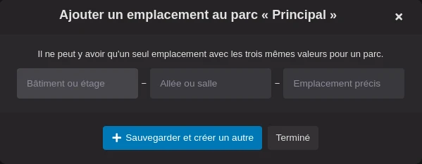 Fenêtre de création d'un emplacement de parc.