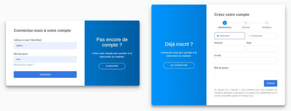 Les deux fenêtres de connexion ou d'inscription de la réservation en ligne.