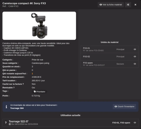 La fenêtre de recherche rapide avec les détails d'un matériel.