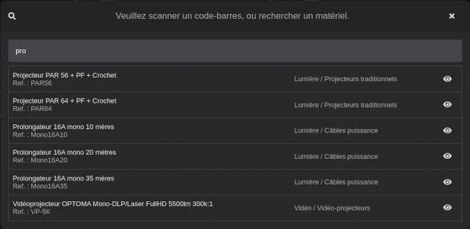 La fenêtre de recherche rapide avec des résultats.