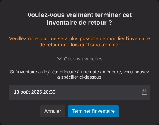 Fenêtre de confirmation de finalisation d'un inventaire de retour.