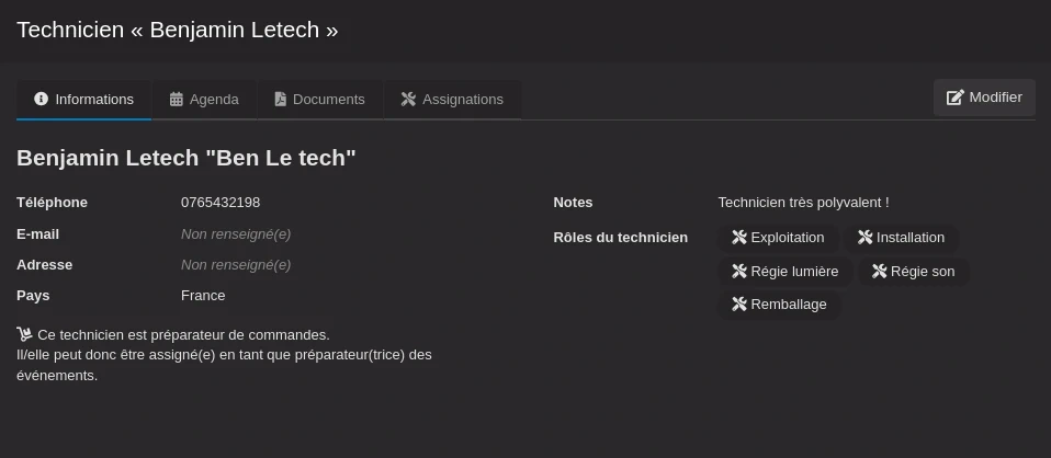 La page d'un technicien, onglet « Informations ».